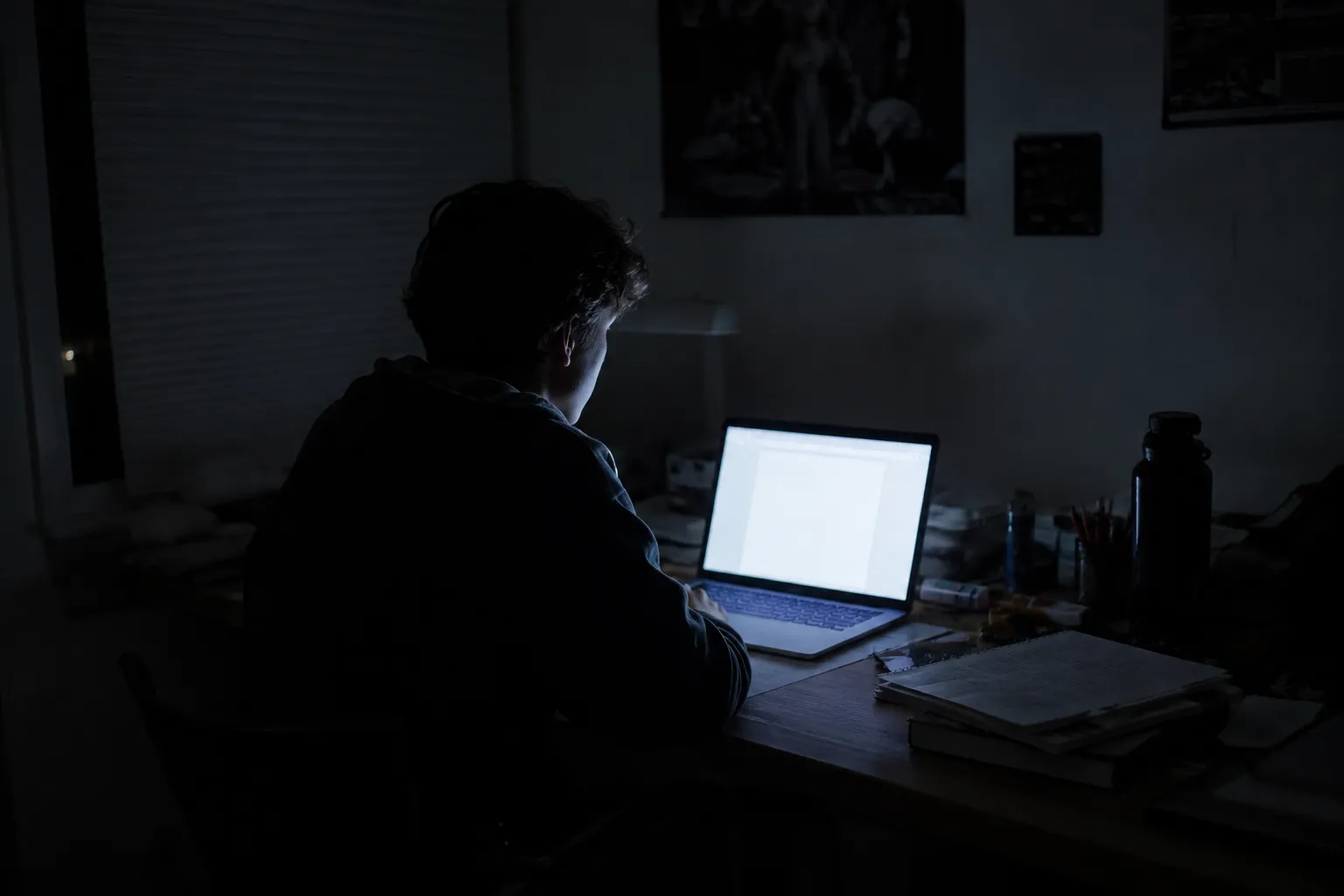 A student alone at a desk at night, a blank page open