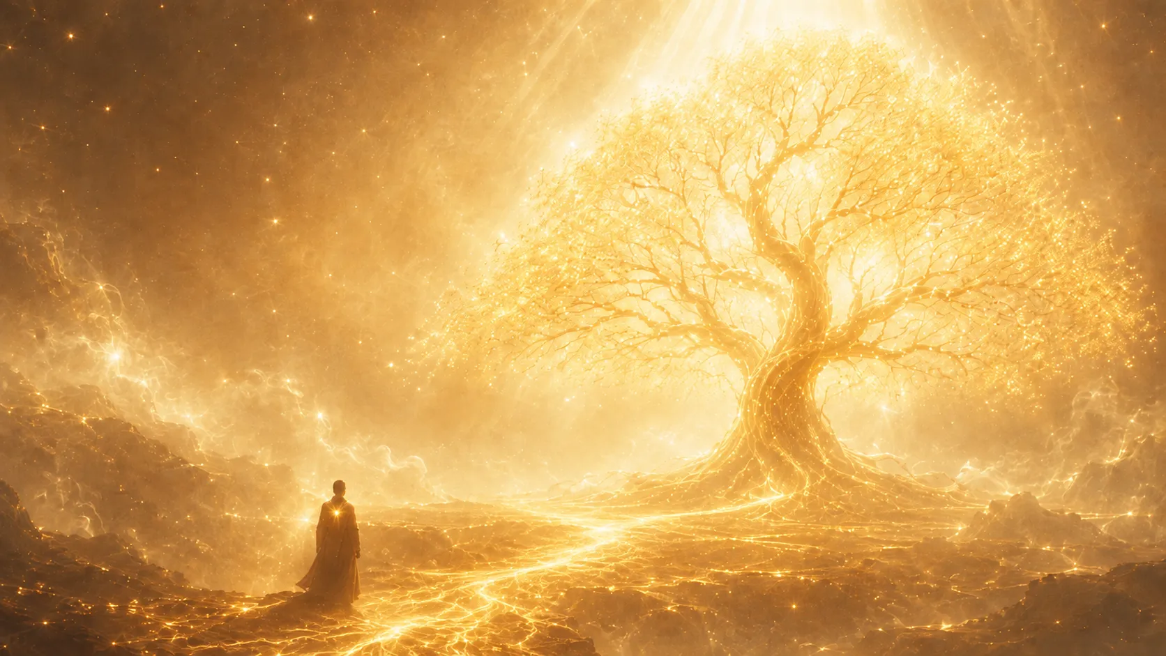 A single walker on the path, the tree ahead