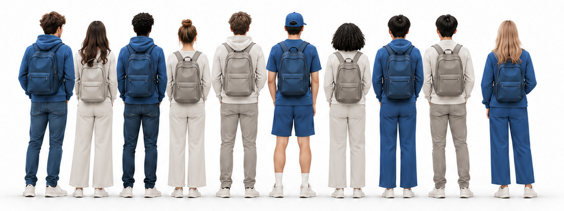 Ten students from behind, five in blue among five in grey