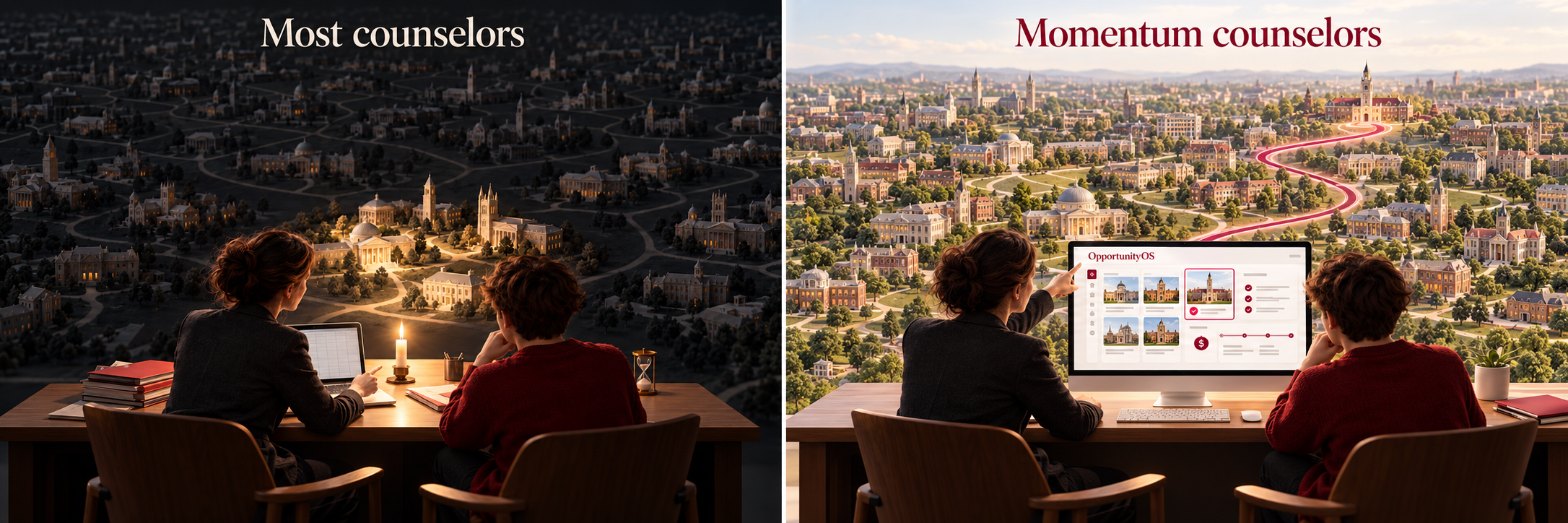 Left: a counselor and student at a candlelit desk with a laptop spreadsheet, a dark map of campuses behind them. Right: a Momentum counselor and student at a bright screen showing OpportunityOS, a lit path winding through campuses.